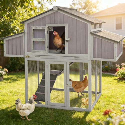Aivituvin Chicken Coop Double Folding Fir Wood Chicken House with Large Nesting Box Poultry Cage Upgrade with Strong Iron Frame, Durable & Waterproof for 4-6 Hens Duck Coop - color: Grey, size: AIR66