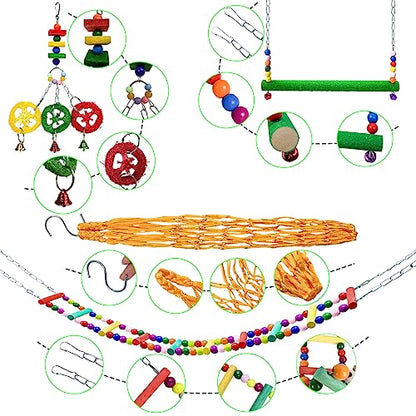 12PCS Longer Chain Chicken Toys for Coop Accessories,Xylophone Swing Flexible Ladder String Bag Vegetable Fruits Skewer Mirror Grinding Stone Pecking for Hens Bird Parrot