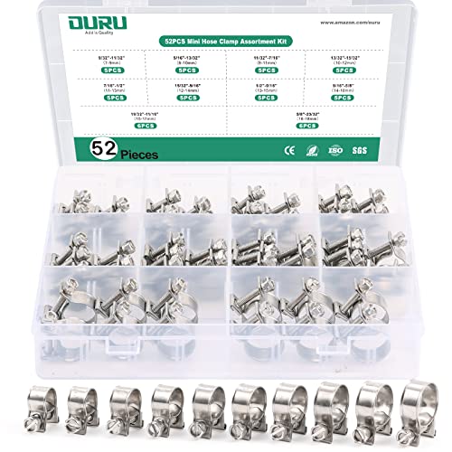 OURU 52PCS Fuel Line Clamp Assortment Kit 304 Stainless Steel,10 Sizes Adjustable 9/32"-23/32" Dia (7-18mm) Mini Fuel Injection Gas Line Hose Clamps,Pipe Clamp for Automotive,Diesel Petrol Pipe - size: 52PCS 9/32"-23/32" (7-18mm)