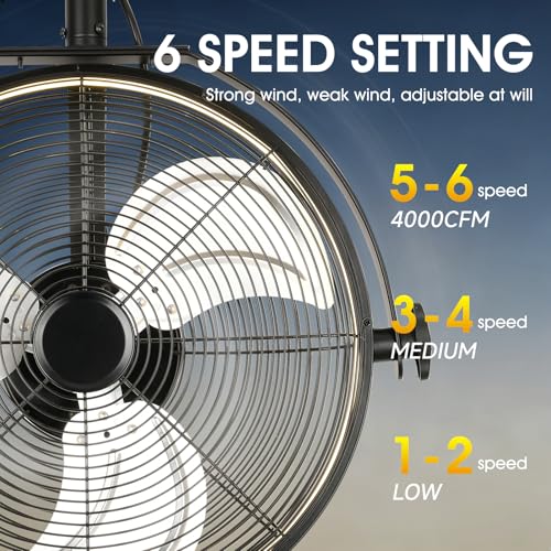AHAWILL 16 Inch Wall Mount Fan with Lights,6-Speed High Velocity Wall Fan Dimmable Gazebo Fan,360°Adjustable Tilt Industrial Outdoor Fans for Patio,Garage,Workshop,Commercial,Black - size: 16 inch