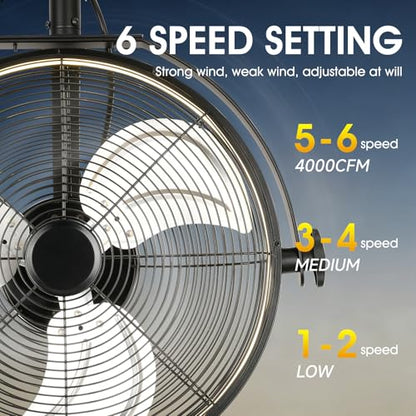 AHAWILL 16 Inch Wall Mount Fan with Lights,6-Speed High Velocity Wall Fan Dimmable Gazebo Fan,360°Adjustable Tilt Industrial Outdoor Fans for Patio,Garage,Workshop,Commercial,Black - size: 16 inch