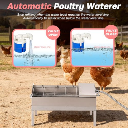2 in 1 Automatic Chicken Waterer and Feeder, Stainless Steel Chicken Water Feeder with Float Valve Auto Fill Poultry Water Dispenser Poultry Watering Systerm for Duck Turkey Quail Pigeon
