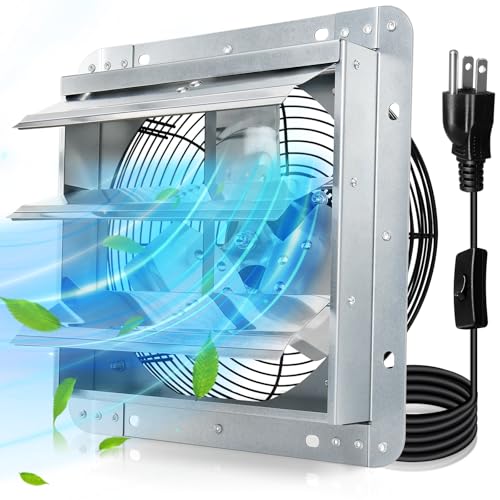 Hiorucet Upgraded 14'' Shutter Exhaust Fan, 1558CFM Low Noise Garage Exhaust Fan, Greenhouse Exhaust Wall Mounted with 1.8M Power Cord for Shop, Attics, Chicken Coop, Shed, Basement Louvered Fan. - color: With 1.8M Power Cord, size: 14'' Exhaust Fan