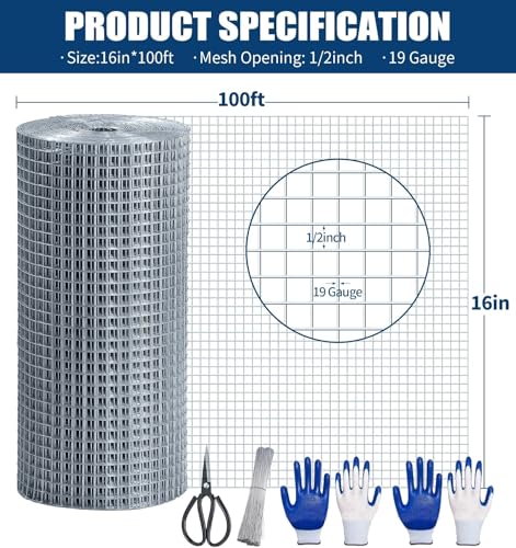 Hardware Cloth 1/2 Inch, 19 Gauge Hot Dip Galvanized Mesh Rolls Welded Chicken Wire Fencing for Chicken Coop Barrier, Poultry Netting Cage Wire Fence (Silver(16in*100ft)) - color: Silver(16in*100ft)