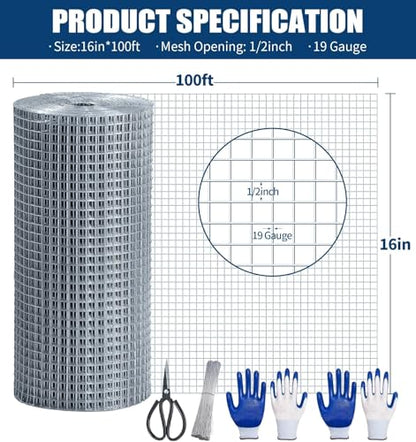 Hardware Cloth 1/2 Inch, 19 Gauge Hot Dip Galvanized Mesh Rolls Welded Chicken Wire Fencing for Chicken Coop Barrier, Poultry Netting Cage Wire Fence (Silver(16in*100ft)) - color: Silver(16in*100ft)