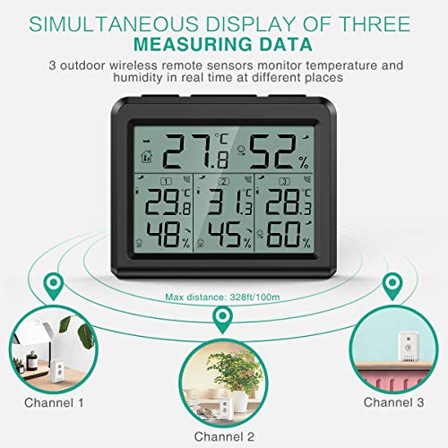ORIA Indoor Outdoor Thermometer, Digital Hygrometer Thermometer with 3 Wireless Sensors, Temperature Humidity Monitor Meter with LCD Backlight, for Home, Office, Bedroom, Black