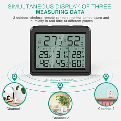 ORIA Indoor Outdoor Thermometer, Digital Hygrometer Thermometer with 3 Wireless Sensors, Temperature Humidity Monitor Meter with LCD Backlight, for Home, Office, Bedroom, Black