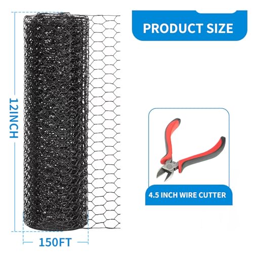 12'' x 150' Black Chicken Wire Mesh Fence, 19 Gauge Galvanized Poultry Netting and 1 inch Garden Mesh Fence Roll, Chicken Wire for Floral Arrangements/Crafts/Farm/Livestock/Pet Protection - size: 19 gauge 12'' x 150'