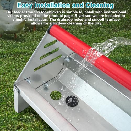 Chicken Feeding Trough, Heavy Duty Galvanized Steel Feeder with Drainage Holes & Crossbar, 45in Poultry Feeder Trough for Chicken, Duck, Geese, Turkey, Rabbit and Pigeon