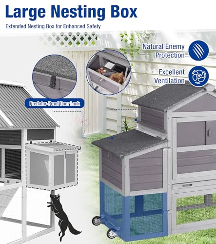 Chicken Coop with Run Mobile Large Chicken Coop with Wheels Duplex Chicken Cage with Slide-Out Tray Waterproof Roof Outdoor Backyard Hen House Grey - color: Grey