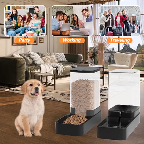 Automatic Cat Feeder and Water Dispenser in Set with Pet Food Bowl,Gravity Dog Waterer and Food Feeder for Small Medium Dog Cat Puppy Kitten Large Capacity(3.3L,Black) - size: 3.3L