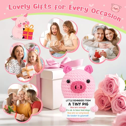 GevGuxLuo Positive Crochet Pink Pig Birthday Gifts for Women, Back to School Inspirational Cheer Support with Affirmation Cards for Teens Girl Women Friend Sister Daughter Trendy Stuff Cute Decor - style: Little Reminders