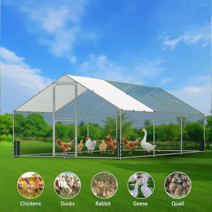 Large Metal Chicken Coop, Chicken Run with Feeding Door, Security Lock and Cover, Outdoor Walk-in Duck/Rabbit Cage Poultry Pen for Backyard, Farm, Yard (Silver - Spire Roof, 19.7 x 9.8 x 6.5 FT) - size: 236.2"L x 118.0"W x 78.7"H