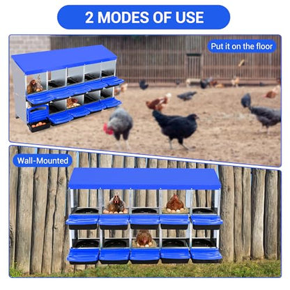 Chicken Nesting Box 10-Hole Roll Away Egg Laying Box with Lid, Galvanized Steel Rustproof Poultry Coop Box, Easy Clean, Wall Mountable No Bracket Needed for Hens, Blue - color: Blue, size: 10 holes