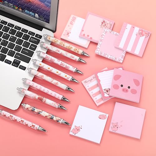 18 Pcs Pig Desk Accessories, 9 Pads Cute Sticky Notes, 9 Kawaii Pens, 3 x 3 Inches Notepads Memo Pad for Office Supplies Meeting Students School Decor Teacher Gifts - style: Piggy
