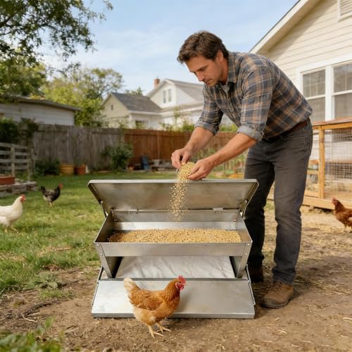 Automatic Chicken Feeder, with Weighted Bottom, 51x18x18cm, Metal Treadle Poultry Feeder, Poultry Food Dispenser, Treadle-Activated Feeding, for Backyard Coop Outdoor Farm Garden