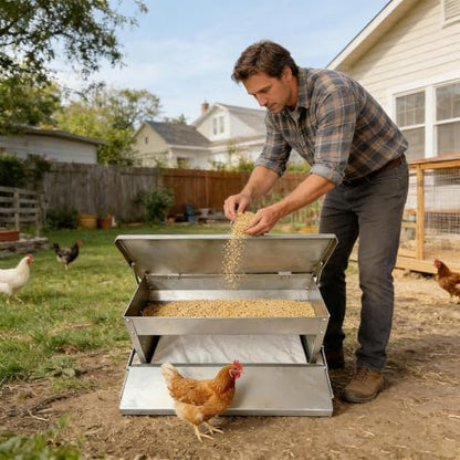 Automatic Chicken Feeder, with Weighted Bottom, 51x18x18cm, Metal Treadle Poultry Feeder, Poultry Food Dispenser, Treadle-Activated Feeding, for Backyard Coop Outdoor Farm Garden