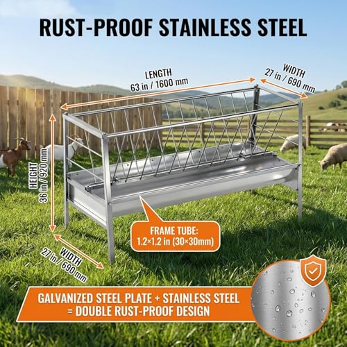3 in 1 Grain|Water|Hay Feeder, 94-Gallon Capacity|8.0'' Deeper Feeding Pan, Stainless Steel Goat Hay Feeder, 63" Long Livestock Hay Rack for Goats, Sheep, Cow, Horse