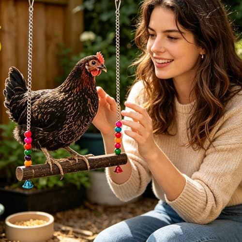 Poultry Toy Set – Wooden Chicken Swing, Climbing Bridge Ladder, Bell Hanging Toy | Interactive Exercise Equipment, Enrichment Activity Gear for Coop Cage Bird Use - size: A