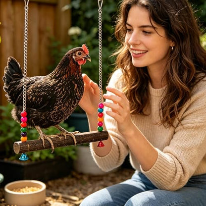 Poultry Toy Set – Wooden Chicken Swing, Climbing Bridge Ladder, Bell Hanging Toy | Interactive Exercise Equipment, Enrichment Activity Gear for Coop Cage Bird Use - size: A