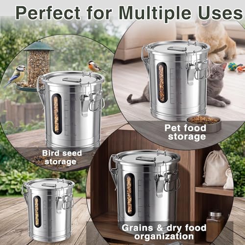 Gisafai 18 Lbs Wild Bird Food Seed Storage with Scoop Stainless Steel Transparent Window Measurement Scale Farmhouse Bird Food and Seed Locking Storage Bucket Bin Critter-Proof Bucket