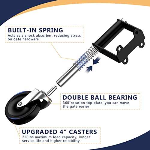 Ronlap Gate Wheels for Wooden Gate, Gate Caster Wheel Spring Loaded for Metal Tube Swing Gate Fence Gate Wheel for Gates Heavy Duty Outdoor Farm Gate Rollers, 220 Lbs, Upgraded 4 Inches, 2 Pack, Black - style: Upgraded 4 Inches Without Brake