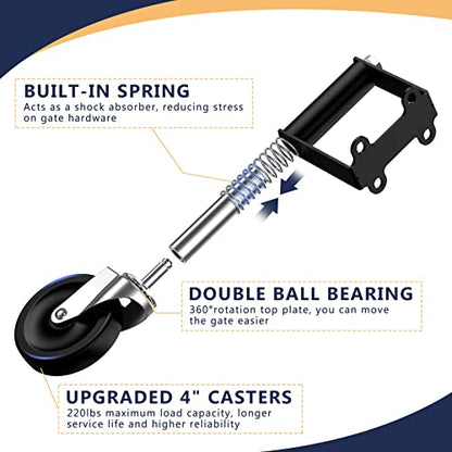 Ronlap Gate Wheels for Wooden Gate, Gate Caster Wheel Spring Loaded for Metal Tube Swing Gate Fence Gate Wheel for Gates Heavy Duty Outdoor Farm Gate Rollers, 220 Lbs, Upgraded 4 Inches, 2 Pack, Black - style: Upgraded 4 Inches Without Brake