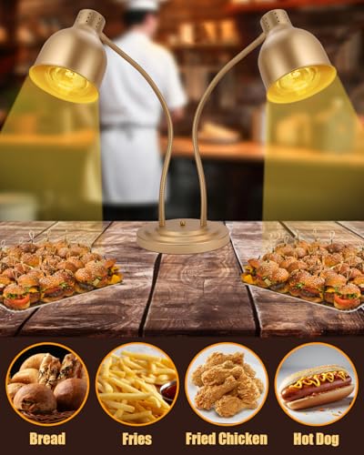 Food Heat Lamp, Heating Lamp with Flexible Arm, 250W Bulb x 3-5000 Hours Rated, Commercial Food Warmers for Buffet, Parties, Fast Food, (Brass) - color: Brass, size: Double-Head
