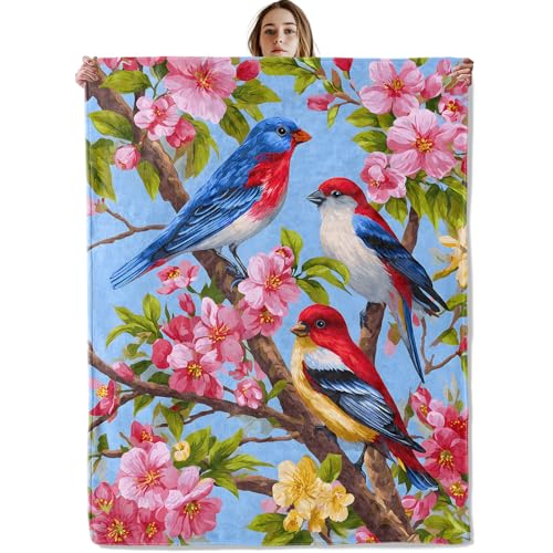 Colorful Birds on Blossoming Branch Blanket, Soft Cozy Lightweight Cherry Flower Bird Art Throw Blanket for Women Bird Lovers, Sofa Couch Bed 40x50 Inch Flannel Blankets for Travel Decor Gifts - color: Bird43, size: 40×50 Inch
