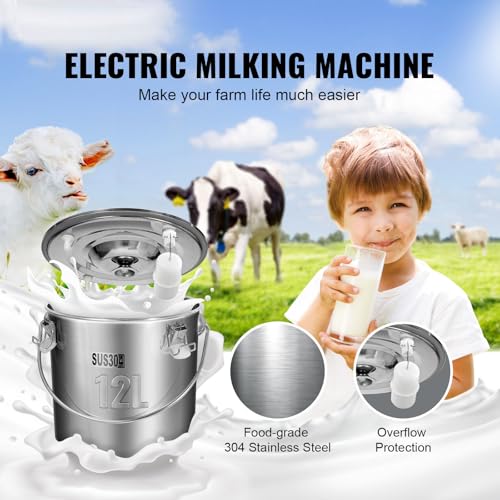 Happybuy Goat Milking Machine, Food-Grade Silicone Cups and Tubes, Portable, 12L 304 Stainless Steel Bucket, Adjustable Suction for Cows and Sheep, Electric Pulsation Automatic Vacuum Milker