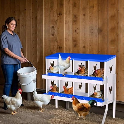8 Compartment Chicken Nesting Box, Galvanized Steel Metal Laying Box with Removable Tray Roll-Out Egg Collection, Wall Mount Hen Roosting Box, Easy Egg Collection - color: Blue, size: 8 holes with legs