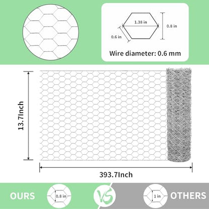 Chicken Wire 13.7 in x 393.7 in Poultry Wire Netting Hexagonal Galvanized Mesh Garden Fence Barrier for Pet Rabbit Chicken Fencing with 100 Pcs Cable Zip Ties - color: Silver, size: 13.7"x393.7"+100Ties