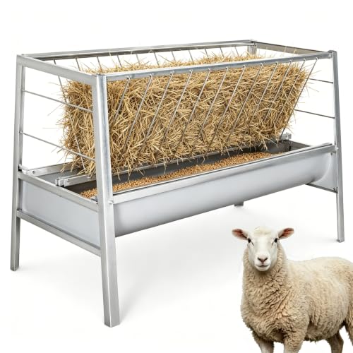 77 Gallon Pasture Feeder, Galvanized Steel 2-in-1 Hay & Grain Feeder, Goat Feeder with Anti-Spill Grid Design, Efficient Feeding for Goats, Sheep, Cattle in Small Farms & Large Breeding Sites