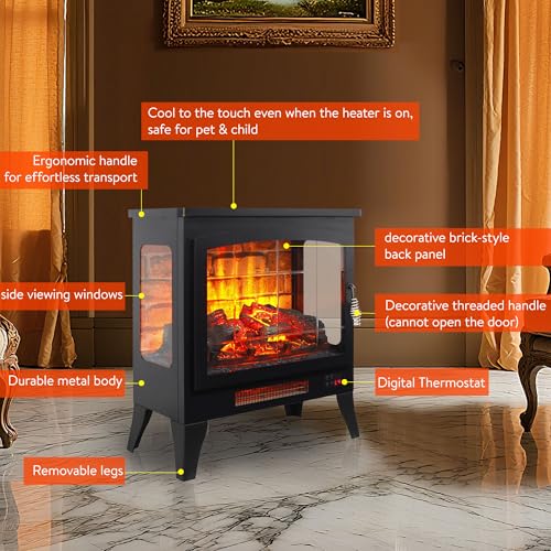 21" Electric Fireplace Stove Heater, Freestanding Electric Fireplace w/Realistic Flame, Remote, Timer, Small Fireplace w/Adjustable Brightness, Thermostat, Overheating Protection, 1400W - size: 21"