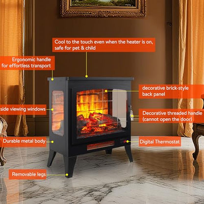 21" Electric Fireplace Stove Heater, Freestanding Electric Fireplace w/Realistic Flame, Remote, Timer, Small Fireplace w/Adjustable Brightness, Thermostat, Overheating Protection, 1400W - size: 21"