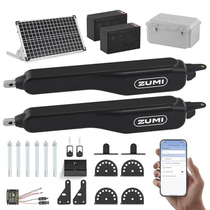 ZUMI Automatic Solar Gate Opener for Dual Swing Gates, App Control Swing Gate Opener for Gates up to 900lb 20ft, Electric Gate Opener with Remotes, Smart Gate Opening System for Home Driveway Garden