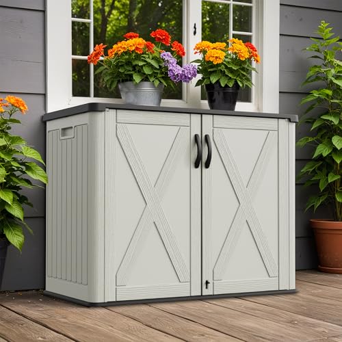 Greesum Outdoor Storage Cabinet, 26 CUFT Deck Box Without Shelves, Waterproof Plastic Storage Shed for Patio Cushions, Gardening Tools, Lockable and Sidehandles, UV Resistant, Beige - color: Beige Modern, size: 26 Cuft / Modern