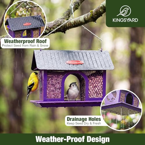 Kingsyard Bird Feeder for Outdoors Hanging, Dual-Use Metal Mesh Wild Bird Feeders with Seed Tray & Weatherproof Roof, 3 lbs Large Capacity, Purple - color: Purple