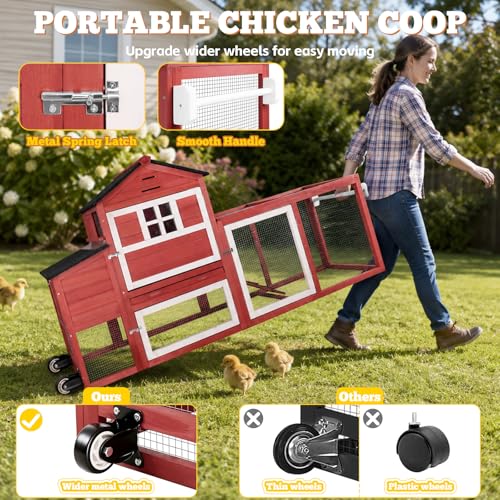 Portable Chicken Coop with Wheels Poultry Cage, Wooden Chicken Coop for 4-6 Chickens, Nesting Box, Pull-Out Tray, Ventilated Windows, Asphalt Weatherproof Roof, 81.5" Lx25.6 Wx44.1 H, Red - color: Red