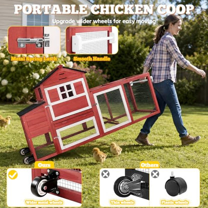 Portable Chicken Coop with Wheels Poultry Cage, Wooden Chicken Coop for 4-6 Chickens, Nesting Box, Pull-Out Tray, Ventilated Windows, Asphalt Weatherproof Roof, 81.5" Lx25.6 Wx44.1 H, Red - color: Red