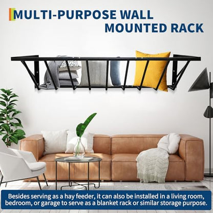 63" Wall Mount Hay Rack Feeder, 16 Gallon Large Capacity Heavy Duty Carbon Steel Livestock Hay Feeder for Horses, Goats, Sheep, Indoor/Outdoor Use, Rust Resistant & Easy Install - size: 63 inch