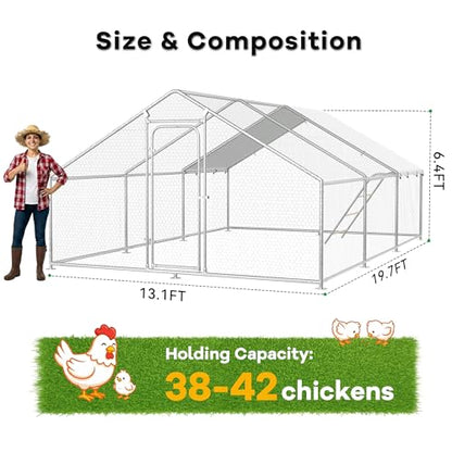 Large Metal Chicken Coop Run with Roosting Perch, Outdoor Waterproof & UV-Resistant Cover for Chickens, Ducks, Rabbits, and Hens in Yard or Farm Use Spire Roof (13.1'Wx19.7'Lx 6.5'H) - size: 236.0"L x 157.5"W x 78.0"H