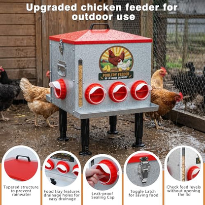 55LB Large Capacity Automatic Chicken Feeder with Window, 8 Feeding Ports Galvanized Steel No-Waste Raised Chicken Feeder with Lid & Height Adjustable Stand, Automatic Gravity Fed for Hens, Roosters