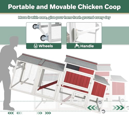 Chicken Coop with Run, Mobile Chicken Tractor Hen House Weatherproof with Wheels, Nesting Box, Roosting Bars, Pull-Out Tray, Asphalt Waterproof Roof & Fun Swing for Chickens Quails Small Animals - color: Red