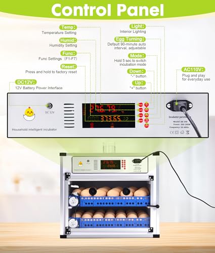 Automatic Egg Incubator for 136 Eggs - Digital Temp & Humidity Control, Auto Turner, Dual Power AC/DC, LED Flashlight, View Window - Commercial Use for Chicken Duck Quail