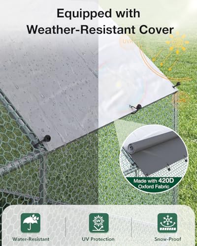 Esright Metal Chicken Coop Run, 20x10 Ft, Flat Roof | Rust-Resistant Galvanized Steel Tube with Wire Mesh, 420D Oxford Fabric Waterproof Cover
