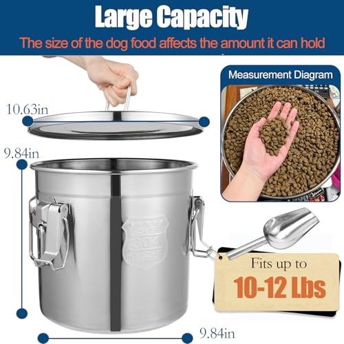 12Lbs 304 Stainless Steel Dog Food Storage Containers with Scoop, Large Pet Food Storage Container with Airtight Lid and Locking Clamp Metal Pet Food Bin for Dogs and Cats, Keep Fresh, Easy to Clean - size: 12Lbs with Scoop