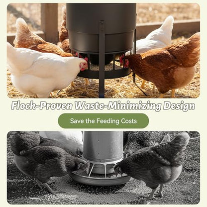 KOL Chicken Feeder No Waste for Coop & Outdoors, 16 Port 50lbs Poultry Feeder with Spill-Control Design, Rust-Proof Powder Coated Metal & Smooth Safe Edges (Black) - color: Black