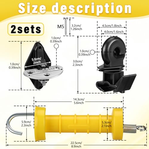 Tondiamo 2 Sets Electric Fence Gate Handle Set with Anchors and Insulators Including 2 Pcs Plastic Electric Fence Gate Handle with Spring, 4 Pieces Anchor Set, 4 Pieces Black Insulators
