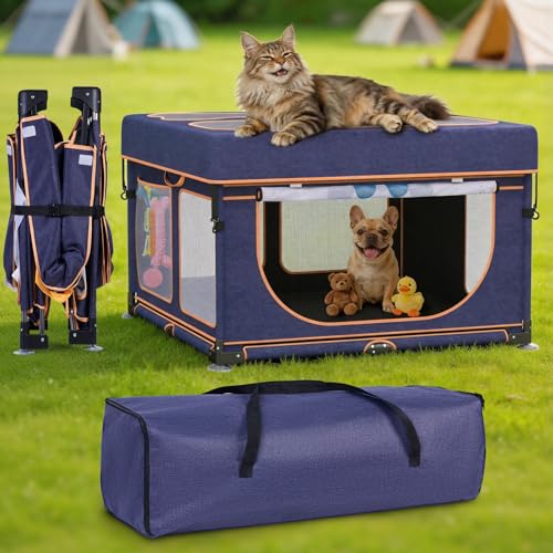 LOOBANI Foldable Dog Playpen Outdoor: 1 Min Setup Pet Puppy Playpen Indoor with Cover & Bag, Portable Dog Fence for Yard, RV Camping, Travel-43.3"x43.3"x27.1"│Patented (Blue+Yellow) - color: Blue-Yellow